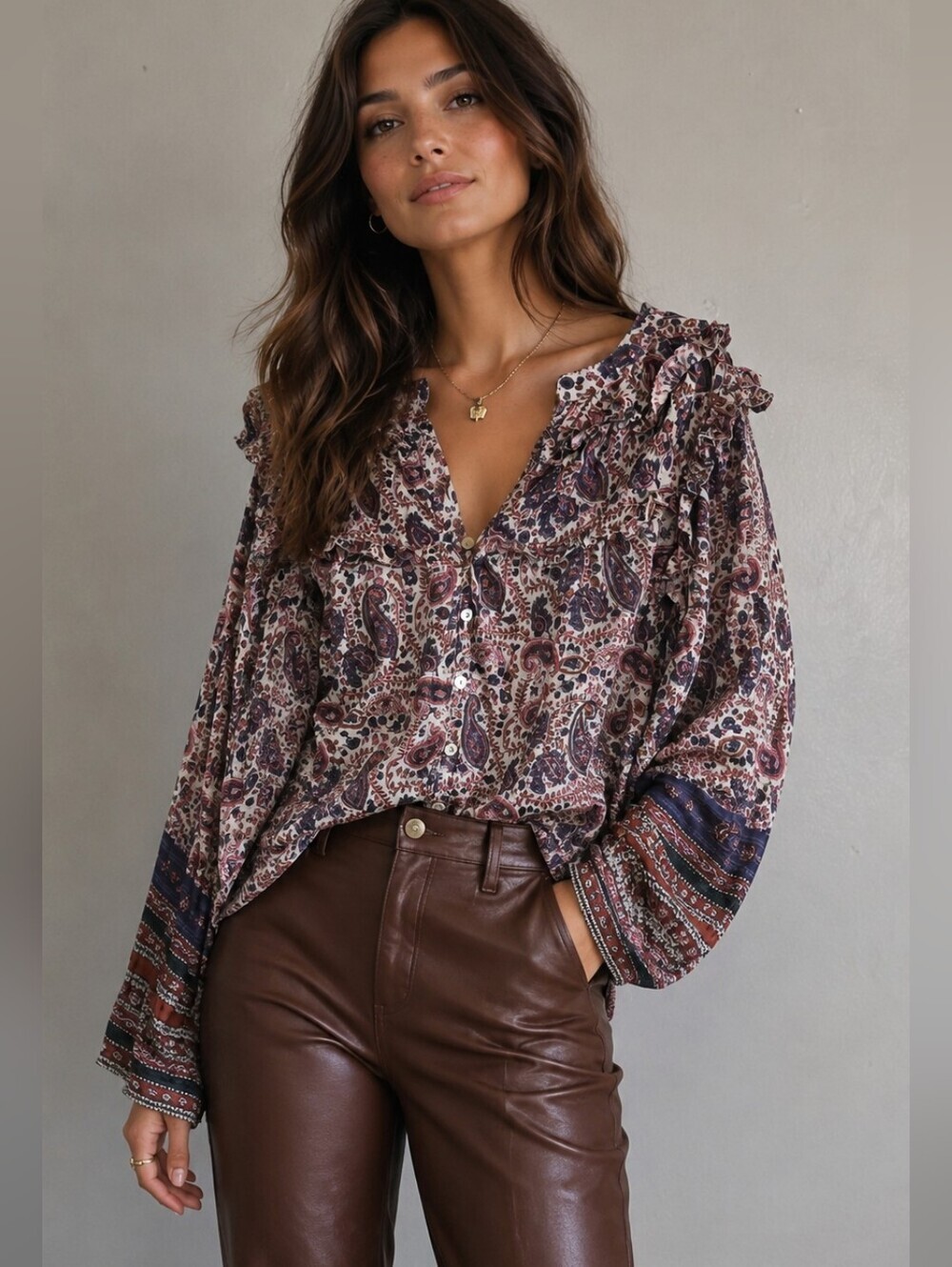 Cleobella Samara Paisley Organic Cotton Button Down Blouse Ruffle Size Large